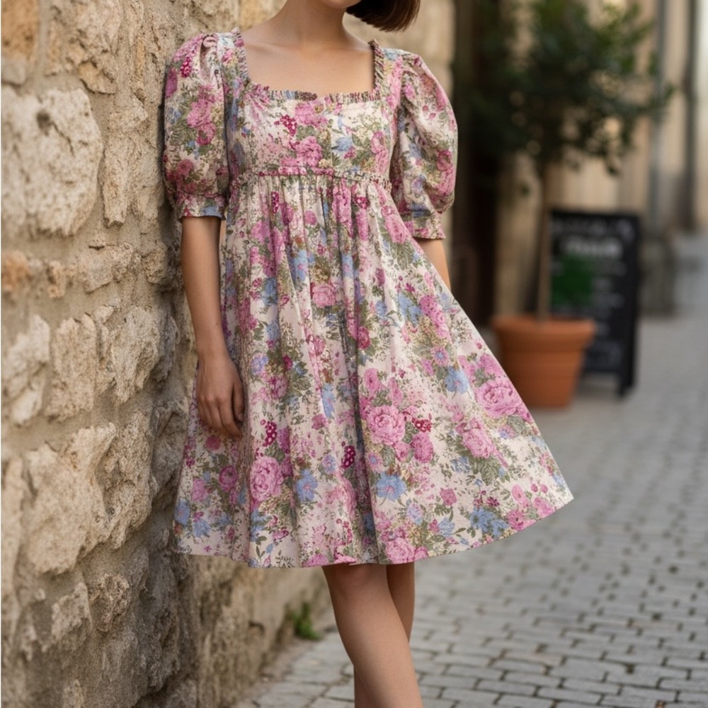 Sofie the Label Floral Square-Neck Puff Sleeve Dress — Soft Pink Floral (small)